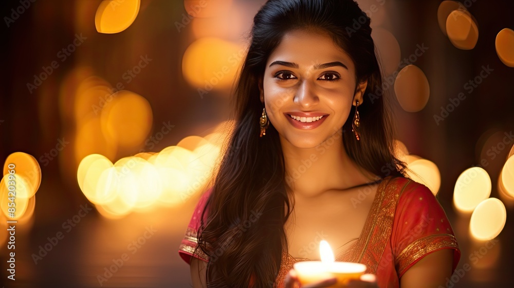 A young Indian woman in traditional clothing smiles as she holds a candle. The background is blurry and contains glowing lights. A young Indian woman in traditional clothing smiles as she holds a candle. The background is blurry and contains glowing lights.