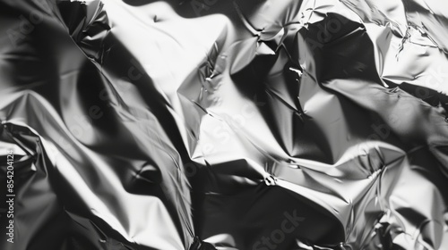 Abstract aluminum folded shiny metal silver foil crumpled texture background. Top view photo