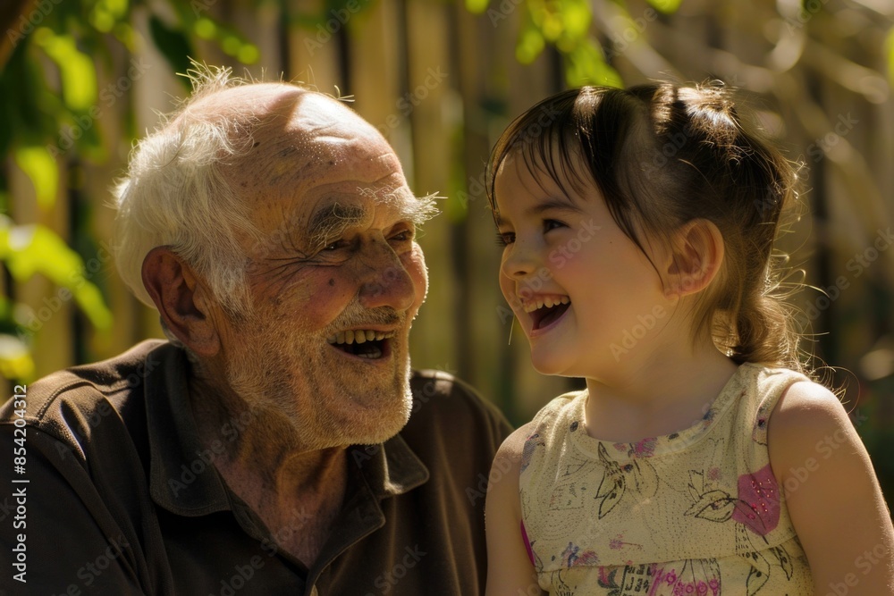 An elderly man and a young girl laugh together on a sunny day, showcasing the bond between generations An elderly man and a young girl laugh together on a sunny day, showcasing the bond between generations