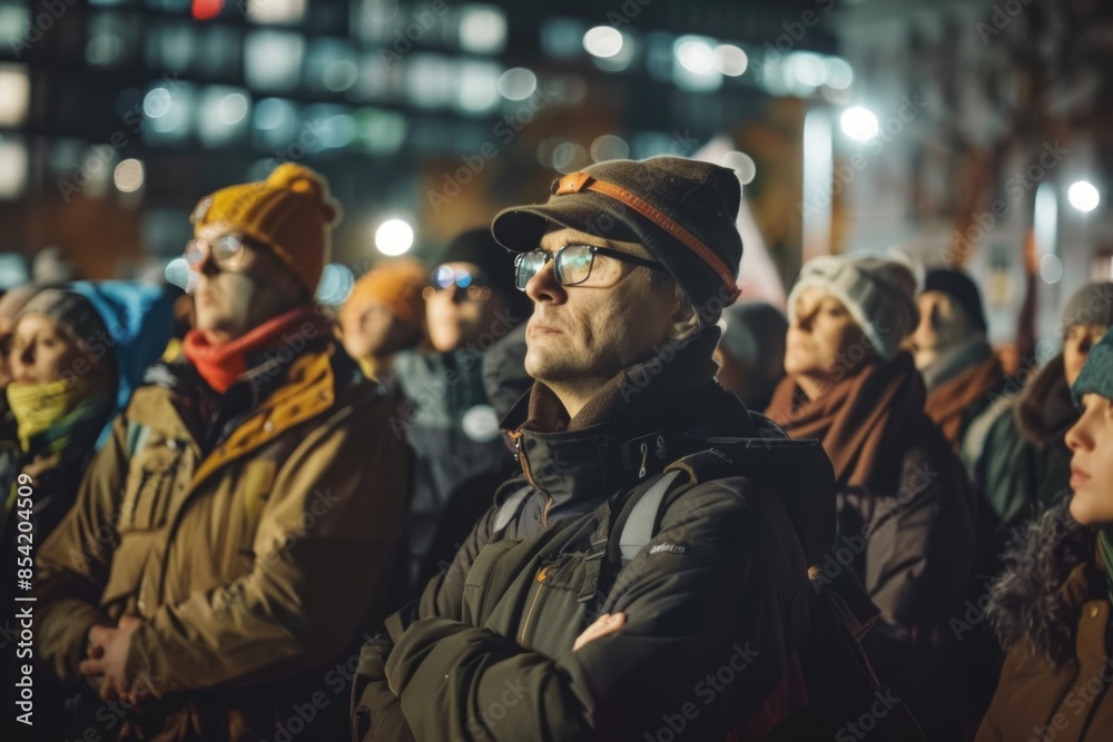 A man in a hat and glasses gazes intently at something beyond the frame, surrounded by others in a silent gathering under the city lights A man in a hat and glasses gazes intently at something beyond the frame, surrounded by others in a silent gathering under the city lights