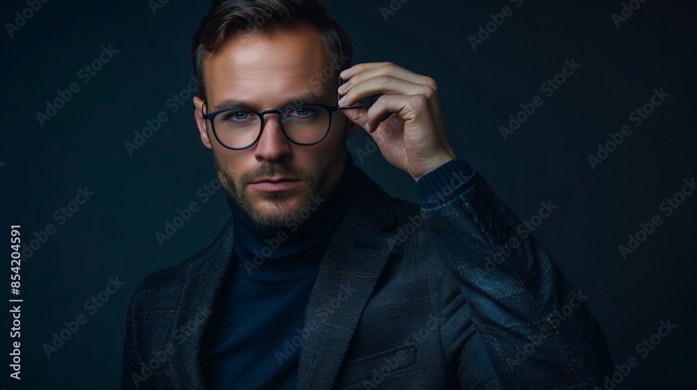 Obraz premium Stylish man in a dark blazer and glasses adjusting eyewear. Modern look with a sophisticated touch. Professional portrait, perfect for business, fashion, or lifestyle content. AI