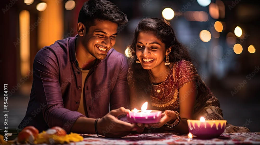 Young Indian couple celebrating Diwali together. They are sitting on the floor and holding a diya, which is a traditional Indian oil lamp.