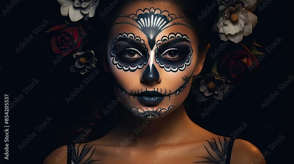 A young woman with a skull painted on her face for the Day of the Dead celebration. She is wearing a wreath of white and red flowers. A young woman with a skull painted on her face for the Day of the Dead celebration. She is wearing a wreath of white and red flowers.