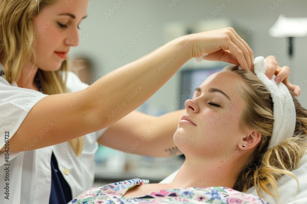 A woman relaxes and receives a facial treatment from a therapist at a spa. The therapists hands gently massage the clients face, creating a peaceful and rejuvenating experience A woman relaxes and receives a facial treatment from a therapist at a spa. The therapists hands gently massage the clients face, creating a peaceful and rejuvenating experience