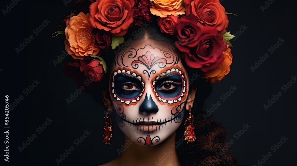 A young woman with a skull painted on her face and a wreath of flowers on her head. She is looking at the camera with a serious expression. A young woman with a skull painted on her face and a wreath of flowers on her head. She is looking at the camera with a serious expression.