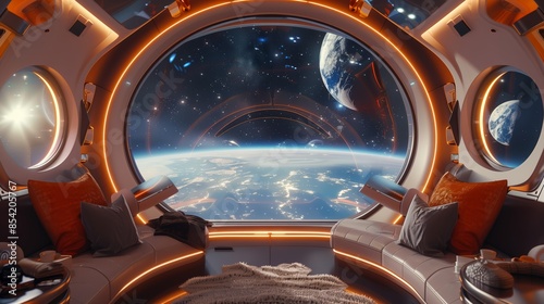Futuristic Spacecraft Interior with Earth View