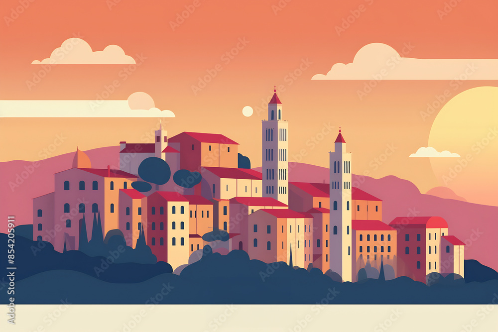 Obraz premium Illustration of a Siena city landscape with buildings. Illustration for your design. Travel concept