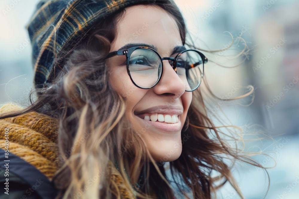 Close-up shot of a happy young woman with curly hair, wearing glasses and a winter hat Close-up shot of a happy young woman with curly hair, wearing glasses and a winter hat