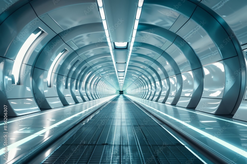 A sleek, modern corridor designed with circular patterns and illuminated by white ambient light A sleek, modern corridor designed with circular patterns and illuminated by white ambient light
