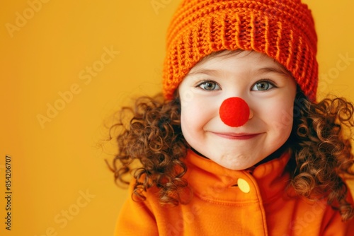 child in a hat with a red clown nose. Circus. Costume. Childhood. Play. Love holidays. orange background. place for tnext photo