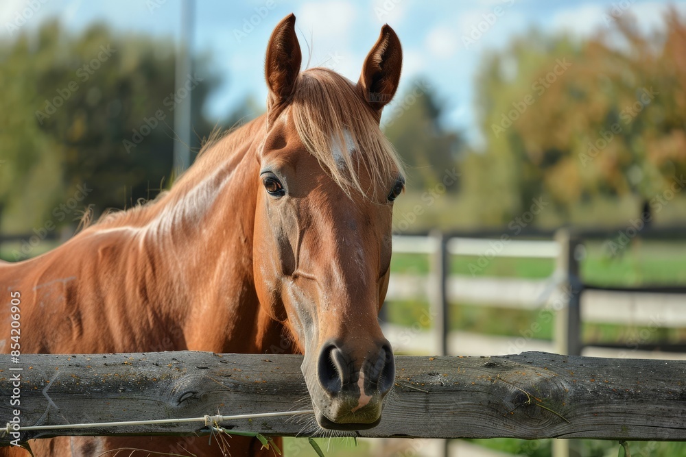 Fototapeta premium Crisp and bright image of a chestnut horse peering curiously over a fence at the viewer