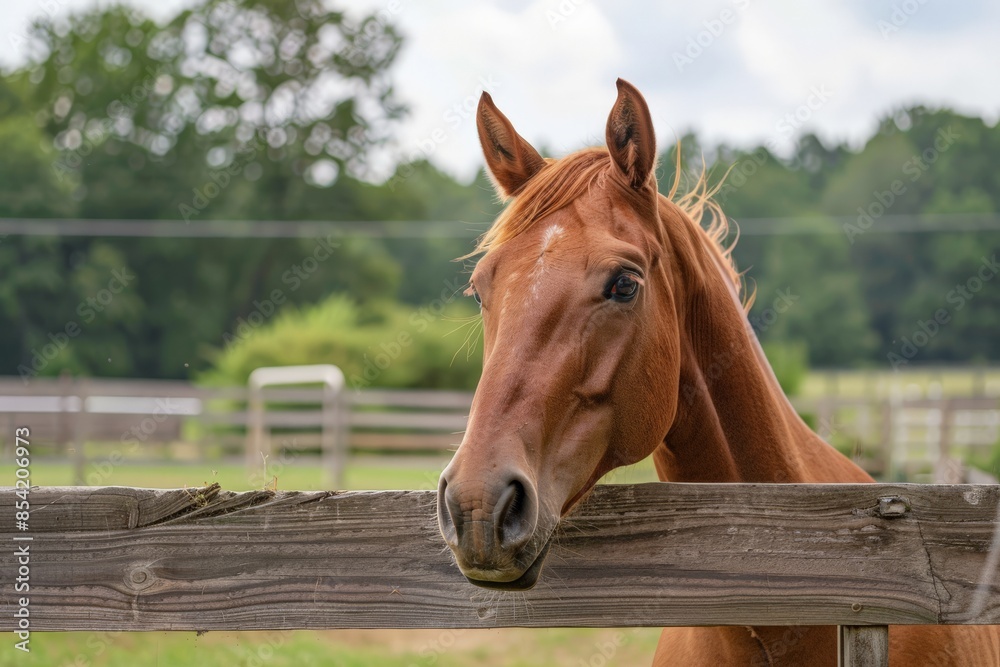 Captivating image of a brown horse by a fence with lush greenery in the background