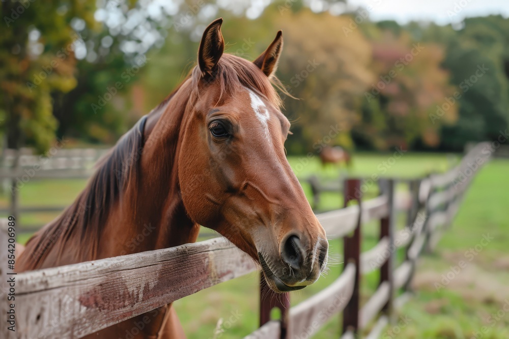 Fototapeta premium Capturing a curious brown horse over a wooden fence amidst autumn foliage in the background