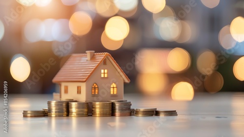 Small house model on stack of coins with blurred bokeh lights in the background, representing real estate, investment, and savings.