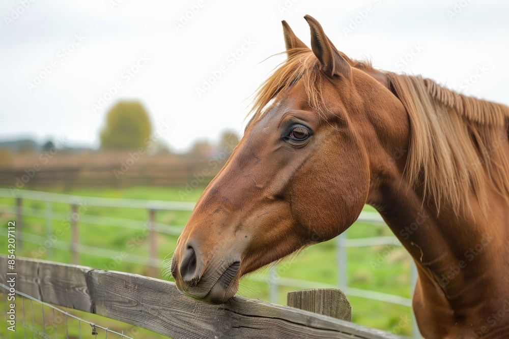 Fototapeta premium A chestnut horse with a flowing mane peering over a wooden fence, set against a blurred rural backdrop