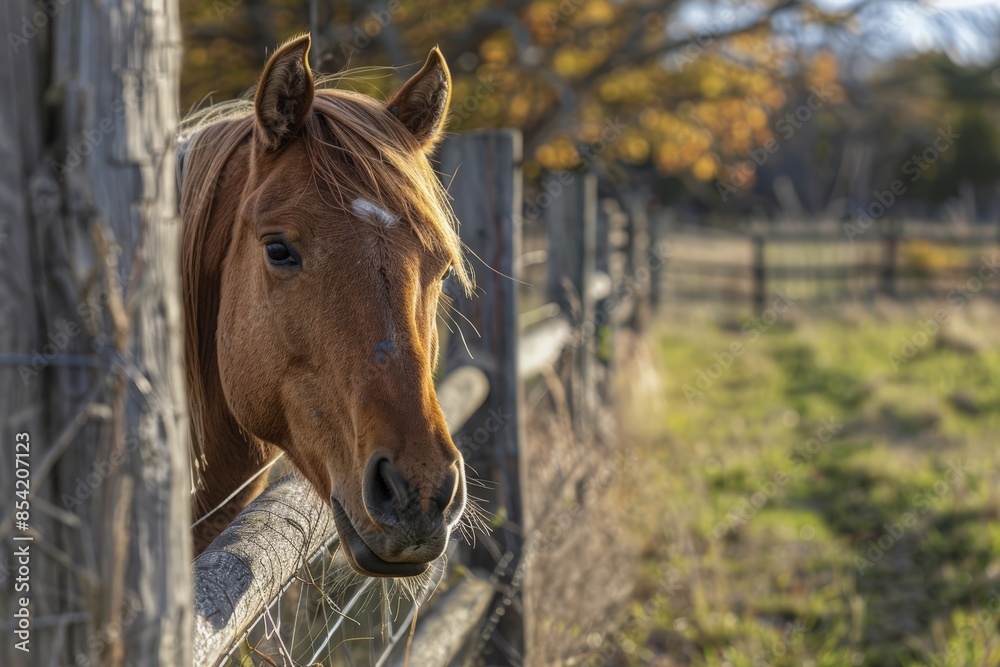 Fototapeta premium Chestnut horse head poking out quaintly between the wooden slats of a countryside fence