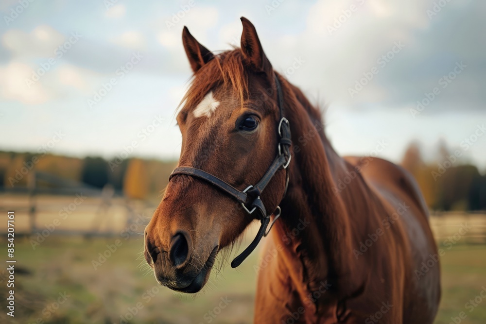Close-up of a brown horse with a bridle, positioned against a blurred rural landscape Close-up of a brown horse with a bridle, positioned against a blurred rural landscape