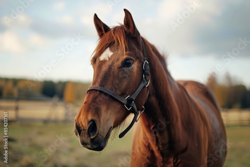 Close-up of a brown horse with a bridle, positioned against a blurred rural landscape