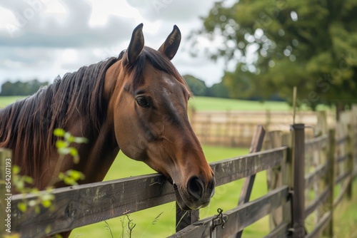 Serene image of a horse next to a paddock fence with rich, green pastures