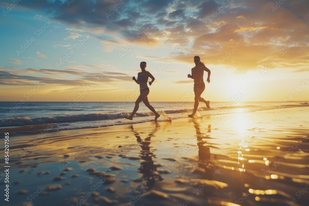 Active couple running along the beach shoreline during a beautiful sunset, illustrating fitness and companionship Active couple running along the beach shoreline during a beautiful sunset, illustrating fitness and companionship