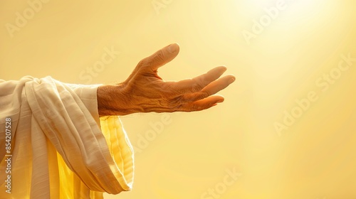 Golden light hand reaching out. Artistic and conceptual image. Ideal for spirituality, enlightenment, hope, and inspiration themes. AI