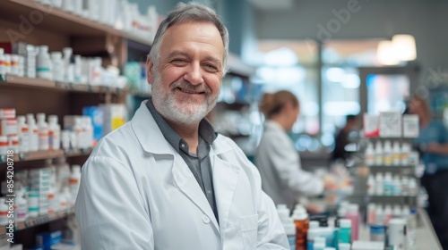 Male pharmacist standing in pharmacy smiling. AI-generated image.