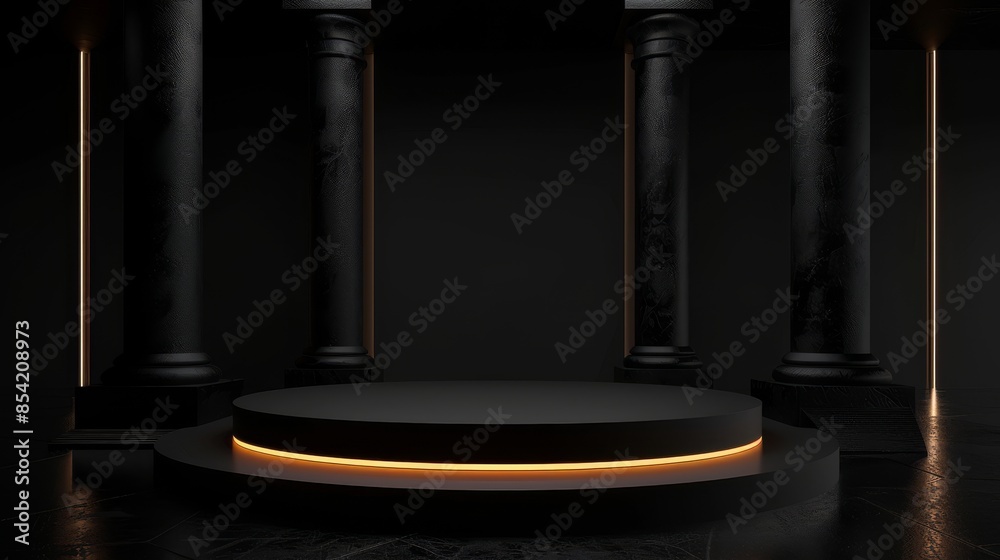 3D rendering of a black round podium in a dark room. Stock. 3D rendering of a black round podium in a dark room. Stock.