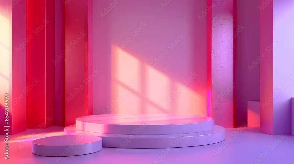 Abstract minimal scene with round podium and red wall rendered in 3D. Abstract minimal scene with round podium and red wall rendered in 3D.