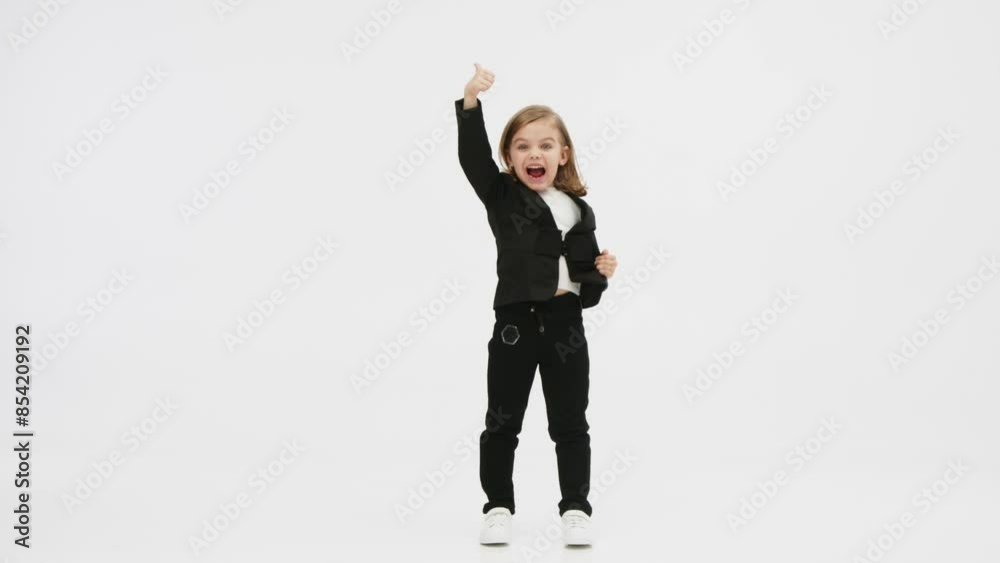A little business girl dressed in a classic business suit on a light background shows the “Class” gesture. Concept of trust, positivity and business. A little business girl dressed in a classic business suit on a light background shows the “Class” gesture. Concept of trust, positivity and business.