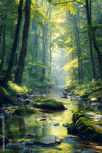 Tranquil Forest River with Sunlit Foliage and Submerged Rocks in a Serene Natural Setting