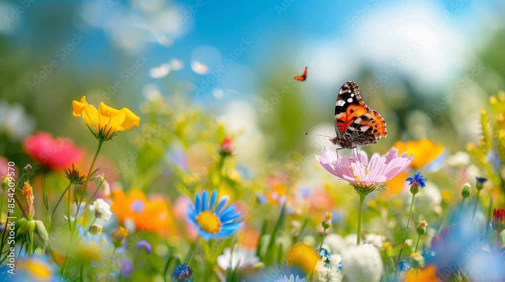 Obraz premium Irresistible meadow with soft colors and a butterfly against a dark sky background. Stock artificial intelligence.
