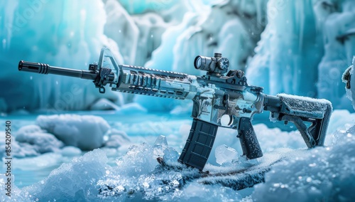 A rifle is displayed in a frozen environment, with the barrel covered in ice