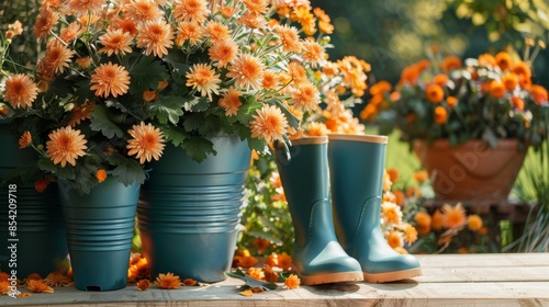 Wallpaper Mural An AI-generated garden scene with tools, watering cans, boots and flowers. Torontodigital.ca