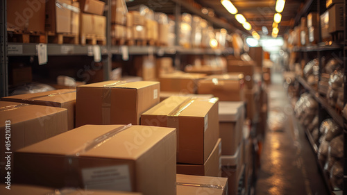 Warehouse with shelves and cardboard boxes, dimly lit. © SashaMagic