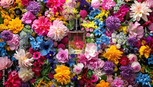 A bottle of perfume is placed in the middle of a field of flowers. Generate AI image photo
