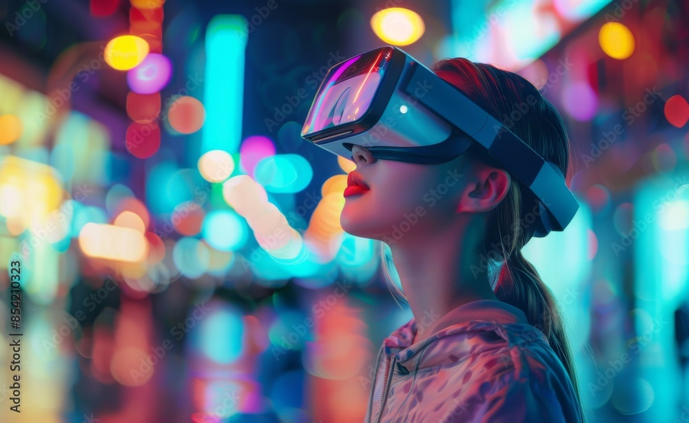 Young woman wearing virtual reality goggles at night in the city. Future technology concept. Stock artificial intelligence. Young woman wearing virtual reality goggles at night in the city. Future technology concept. Stock artificial intelligence.