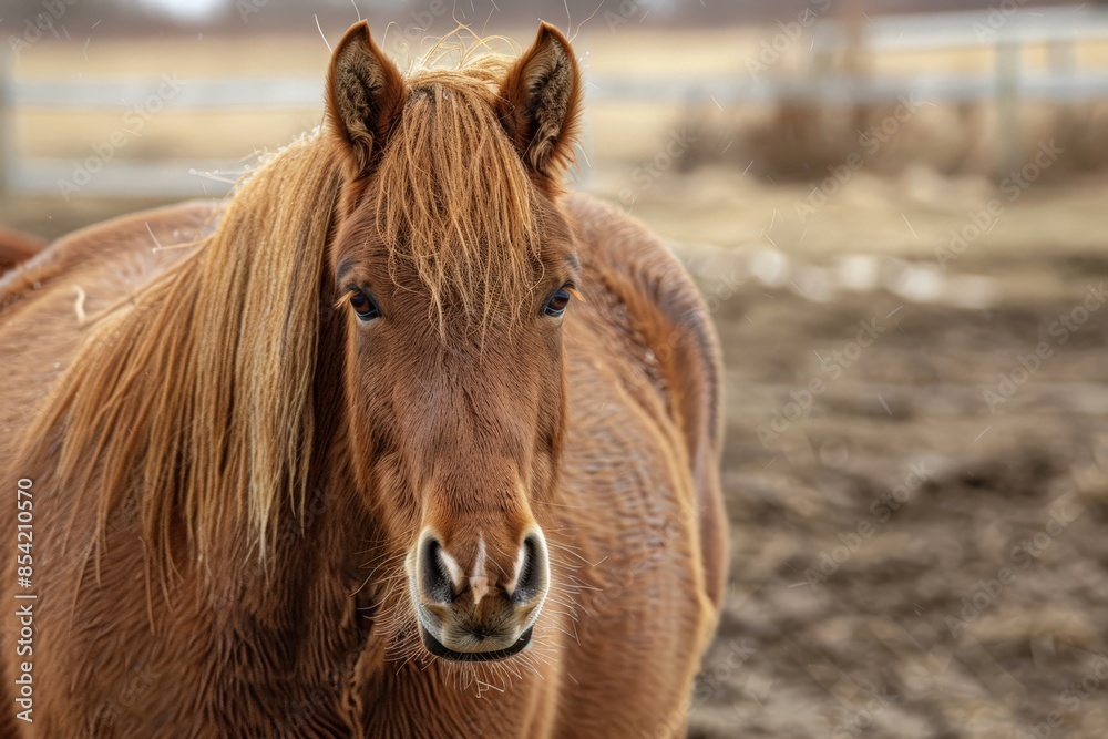 Obraz premium A chestnut horse with a soft gaze standing in a field with a blurred background