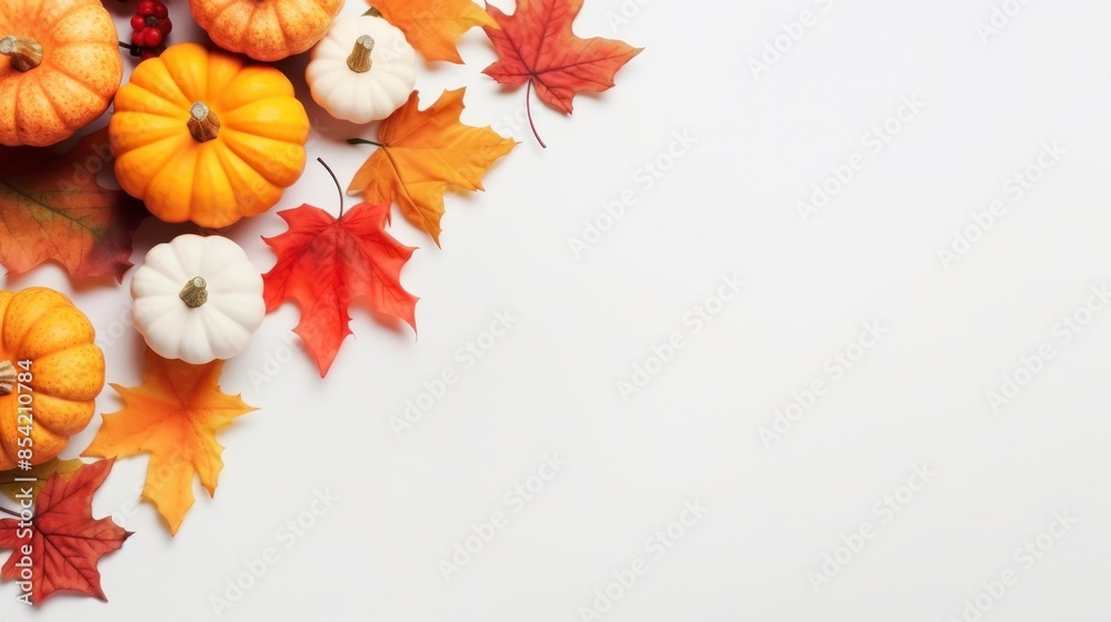 Autumn background with pumpkins and leaves on white background Autumn background with pumpkins and leaves on white background