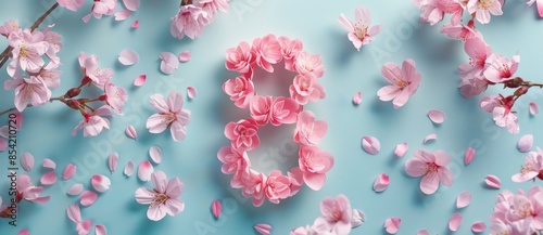 Women's Day design template. Pink flowers and decorative number. Stock. © Maxim Borbut