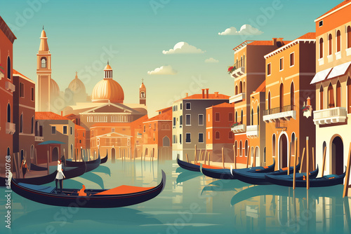 Venice urban landscape with cityscape silhouette . Pattern with houses. Illustration