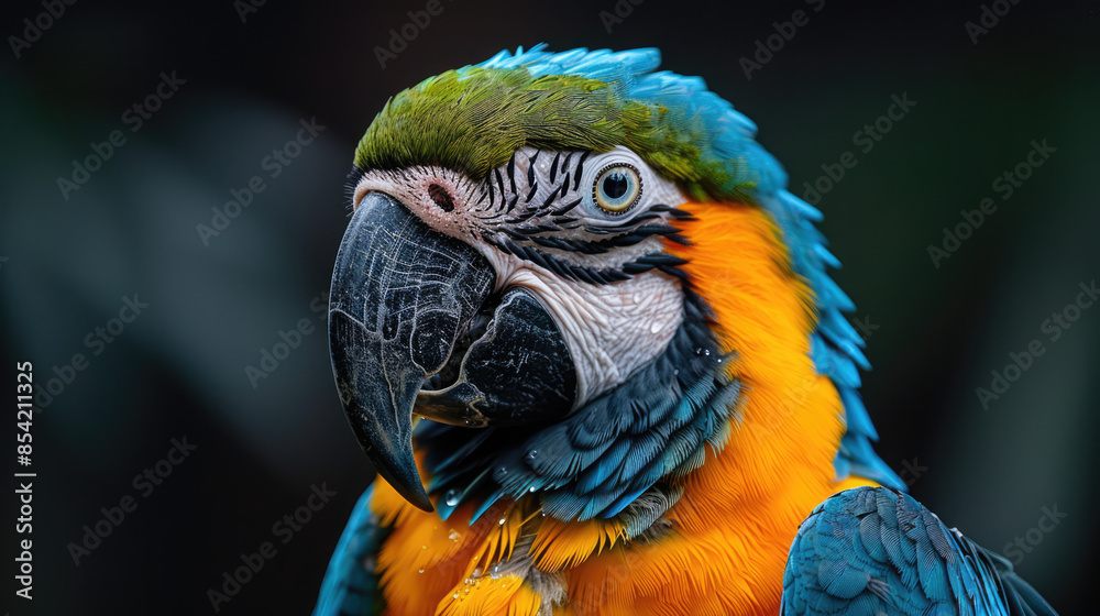 close up of beautiful plumage of parrot with black background, tropical macaw in nature close up of beautiful plumage of parrot with black background, tropical macaw in nature