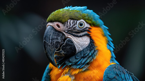 close up of beautiful plumage of parrot with black background, tropical macaw in nature