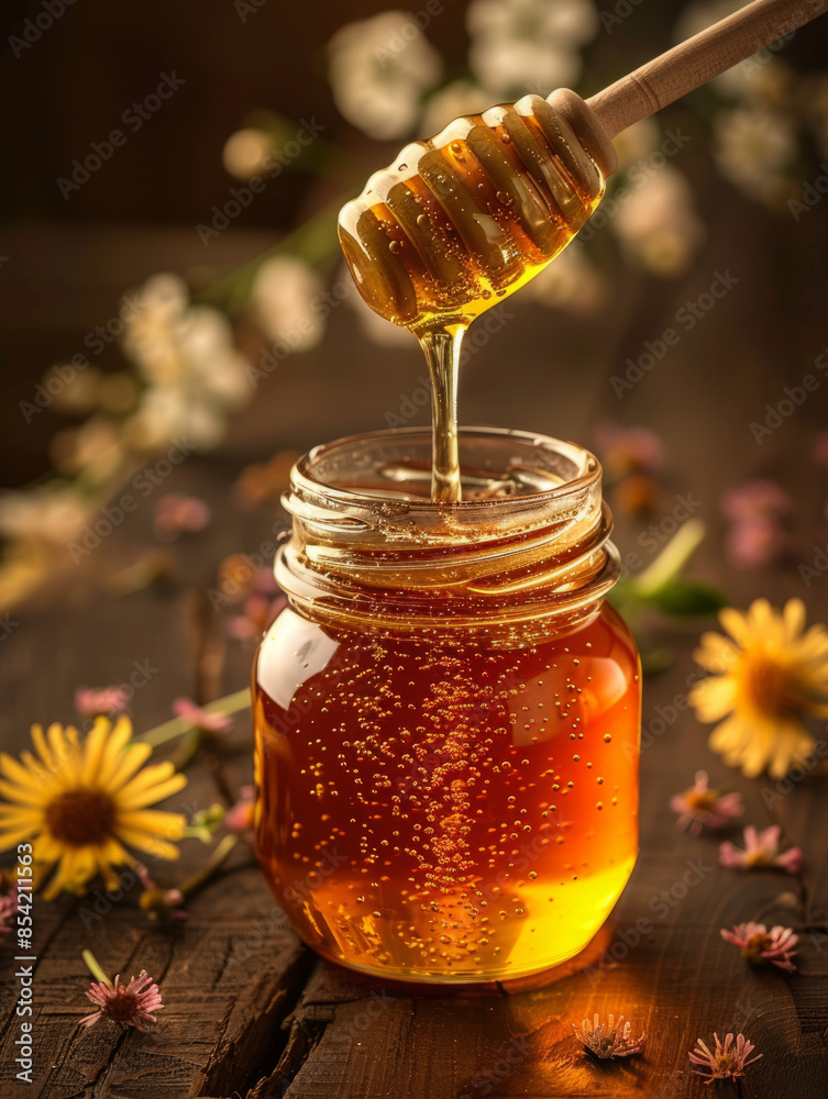 Honey jar with dipper, surrounded by flowers on a wooden table. Honey jar with dipper, surrounded by flowers on a wooden table.