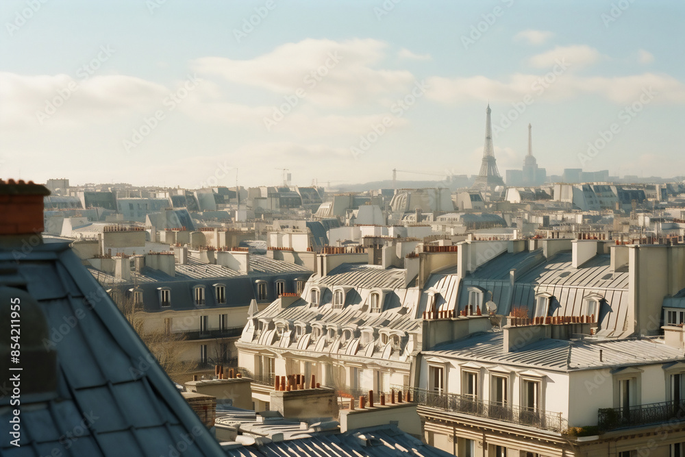 Fototapeta premium Empty sunny terrace. Balcony of apartment with a view to the street and blue sky in the center of Paris