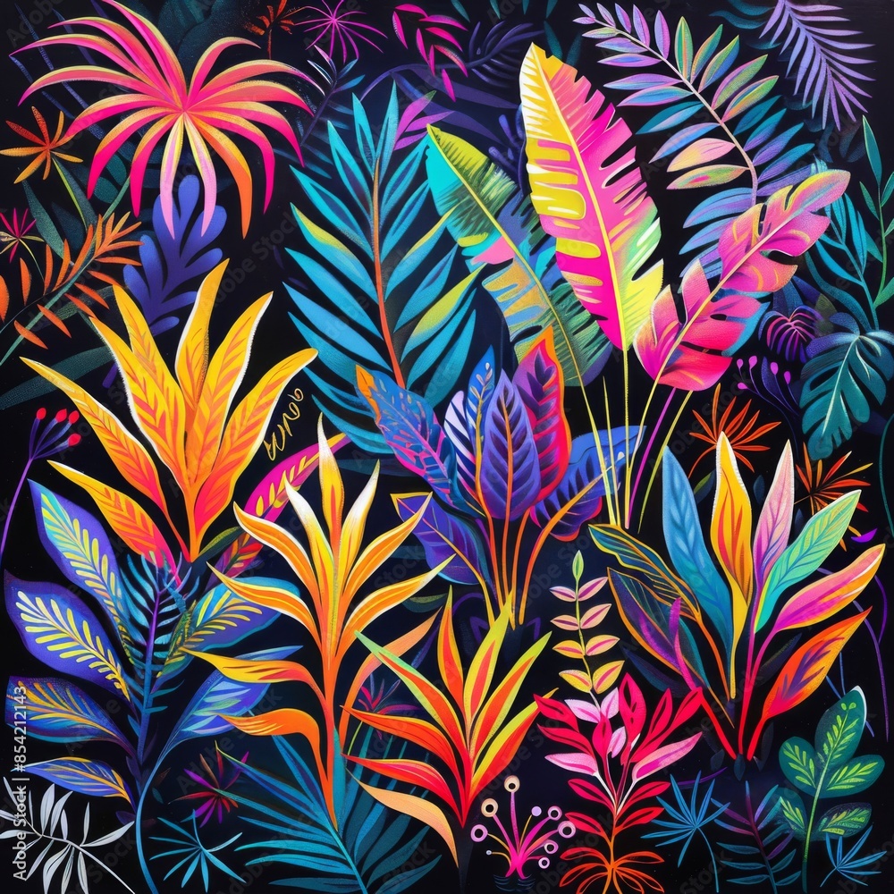 Many brightly colorful tropical plants are on a black background. Exotic leaves and flowers Many brightly colorful tropical plants are on a black background. Exotic leaves and flowers