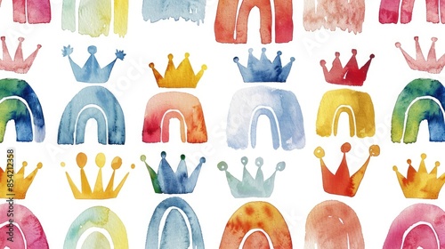 Seamless watercolor design featuring rainbows and crowns