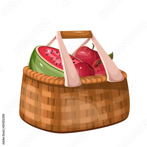 Wicker cartoon basket with picnic food. Funny retro hamper with half watermelon and red ripe apples for eating, basketwork mascot, cartoon food container to store and carry vector illustration