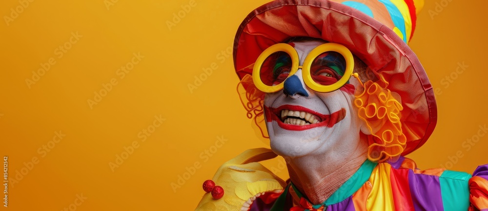 There is an animation of a creepy clown with a scary smile. Halloween banner, empty space. Stock artificial intelligence. There is an animation of a creepy clown with a scary smile. Halloween banner, empty space. Stock artificial intelligence.