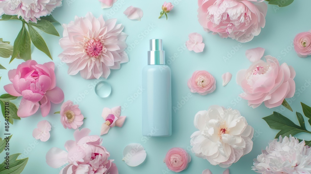 Branding layout with blue beauty background and facial cosmetic products. AI-driven generation.