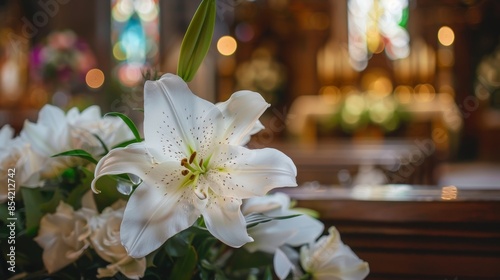 It is decorated with a white bouquet of flowers, which represents a funeral scene.
